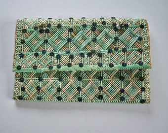 Small bag handkerchief case art deco embroidered green sequins