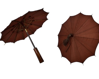 Antique small parasol strolling umbrella Victorian Edwardian brown silk tasseled