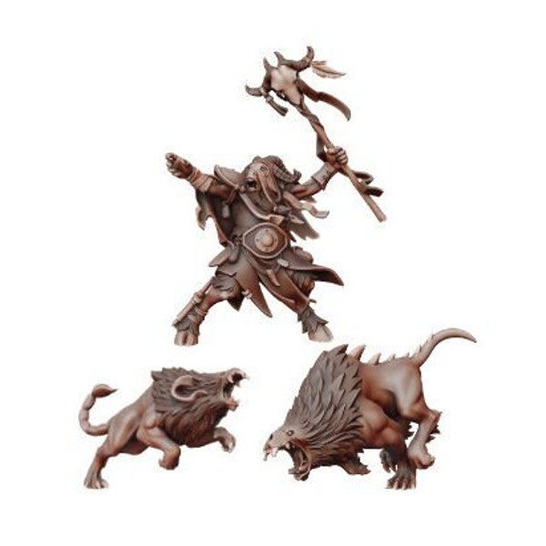 Beastman Shaman and Warhounds Monster Miniature Set | Goatman|  Dungeons and Dragons | Pathfinder | Fantasy |  Wizard | Druid | Day Break