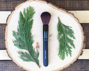 Small Rounded Face Brush • Brown Vegan Faux • Cruelty Free • Matte Black Wood Handle and Black Ferrules • Cream and Powder • Odor + Dye Free