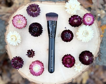 Blurring Foundation Brush • Brown Vegan Faux • Cruelty Free • Matte Black Wood Handle and Black Ferrules • Cream and Powder • Dye Free