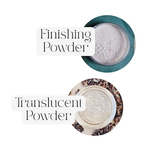May include: Two pots of face powder are displayed. The top pot, labelled "Finishing Powder", sits on a teal background. The bottom pot, labelled "Translucent Powder", is set against a speckled brown and white background.