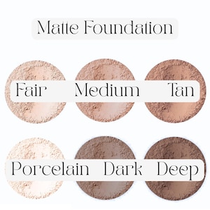 May include: Image showing six circular samples of matte foundation in different shades. The shades are labelled "Fair", "Medium", "Tan", "Porcelain", "Dark", and "Deep". The text "Matte Foundation" is at the top.