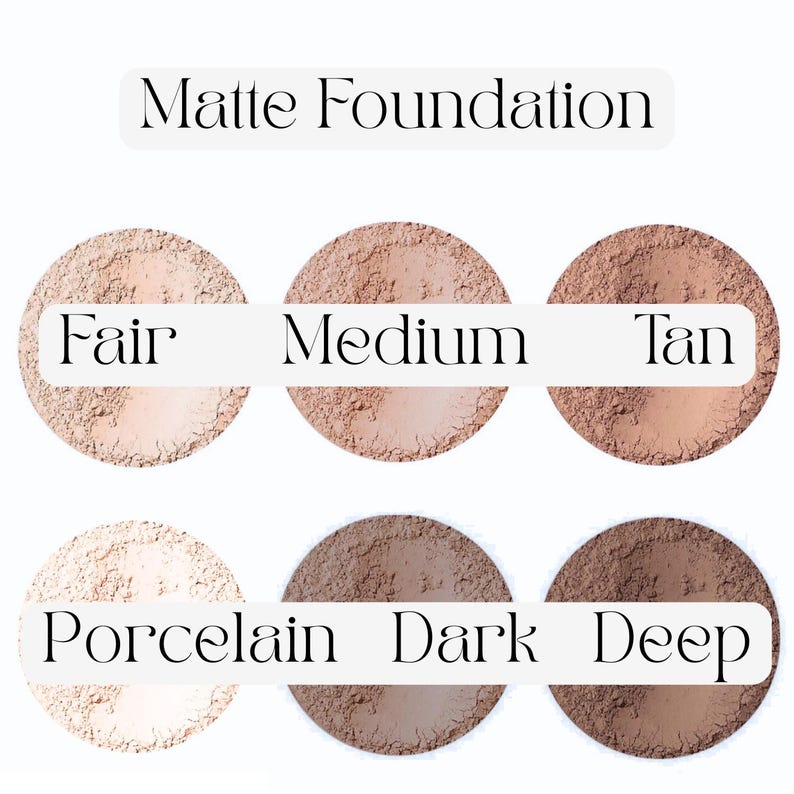 May include: Image showing six circular samples of matte foundation in different shades. The shades are labelled "Fair", "Medium", "Tan", "Porcelain", "Dark", and "Deep". The text "Matte Foundation" is at the top.