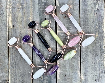 Facial Rollers • Facial Care and Massage • With Healing Crystal • Rose and Clear Quartz • Black Obsidian • White and Green Jade • Amethyst