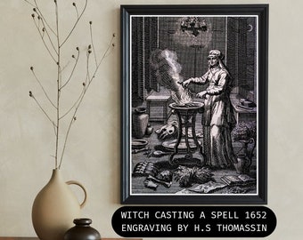 WITCH CASTING SPELLS - H.S Thomassin 1652 Vintage Engraving Digital Dowonload Photographic Print - Printable Witch Art Instant Witchy Decor