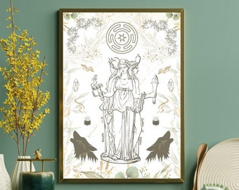 A4 Hecate Goddess of Witches Artwork - Instant Digital Download Printable Wall Art Room Decor Cottage Green Pagan Hedge Witch Hekate