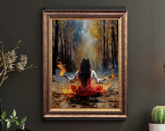 FIRE ELEMENT - HD Digital Download Instant Printable Witch Art - Oil Painting Remastered High Resolution Jpeg Vintage Pagan Mythology