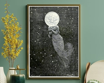 AROUND THE MOON 1870 - Vintage Victorian Digital Instant Download Remastered Print - Printable Witch Art Dark Aesthetic - Emile Bayard