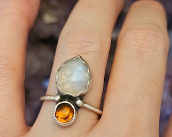 Size 6.25 or M - Sterling Silver 925 Rainbow Moonstone & Baltic Amber Ancient Ring from Mists of Avalon Collection - Hand Built Jewelry