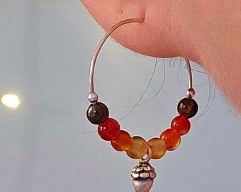 Sterling Silver 925 Autumn Little Hoops Earrings in Carnelian, Red Agate & Tigers Eye With Tiny Cast Acorn - Witchy Pagan Hand Made