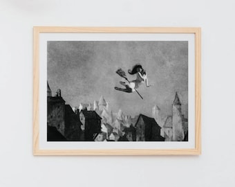 FLIGHT OF FANCY 1927 - Vintage Victorian pencil Sketch Digital Instant Download Remastered Print - Printable Witch Art Dark Wall Aesthetic