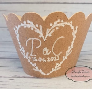 12 Personalised, Heart Design, Kraft Paper Cupcake Wrappers