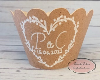 12 Personalised, Heart Design, Kraft Paper Cupcake Wrappers