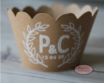 12 Personalised, Leaf Design, Kraft Paper Cupcake Wrappers