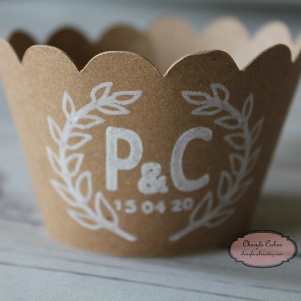 12 Personalised, Leaf Design, Kraft Paper Cupcake Wrappers