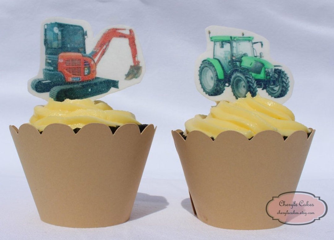 12 Stand up Tractor / Digger Cupcake Toppers, Edible Etsy UK