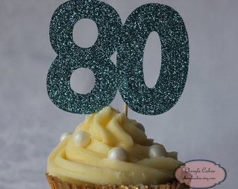 80th Birthday Glitter Cupcake Topper, Set of 12, Various Colours Available