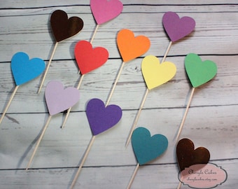 Rainbow Heart Cupcake Toppers, Set of 12, Various Colours Available