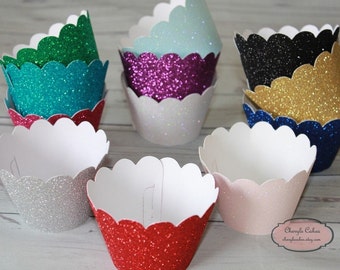 12 Glitter Cupcake Wrappers, Various Colours Available