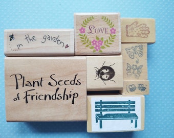 Garden Theme Rubber Stamp Set, Park Bench, Gardener Gloves, Ladybug, Butterflies, Plant Seeds, 4 Free Stamps, Bumble Bees,  New Wood Mounted