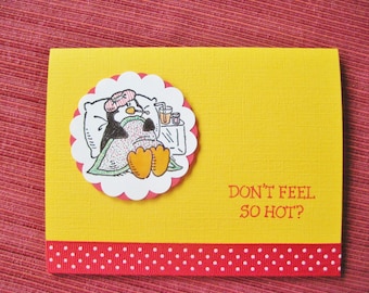 Super Cute Penguin Get Well Soon Card, Hand Made 3D Embossed, Hospital Operation Recovery, Child's Feel Better Card, Thermometer, Ice Bag