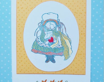 Late Birthday 3D Card, Hand Made Valentine, Colonial Girl, Early American Style, Pioneer Prairie Dress, Sun Bonnet, So Sorry Apology, Oops