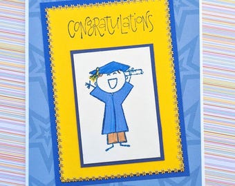 Hand Made Graduation Card, Hip Hip Hooray Cute Congratulations, Boy Graduate, Preschool Kindergarten Elementary High School Cap Gown Diploma