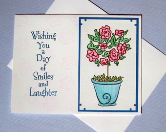 Unique Hand Made Rose Topiary Thinking of You Card, Feminine Blank Note, June Birth Flower, Cheerful Happy Birthday, Smiles and Laughter