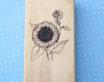 Sunflower Rubber Stamp, New Large Wood Mounted, Double Bloom Fall Flower, Vintage Stamp, Asteraceae Family, Long Stem Garden Flower