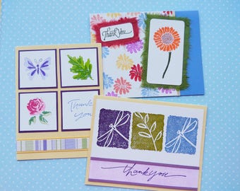 Colorful Thank You Cards, Hand Stamped Blank Notes, Class Teacher Appreciation, Special Thanks for Kindness, Lucky Dragonfly, Daisies, 3D