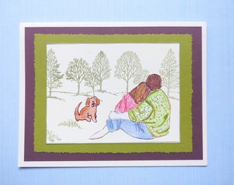 Handmade Watercolor Anniversary Card, Hikers Outdoors with Dog, Couple Congratulations Celebration, Peaceful Trees, Fur Baby Puppy