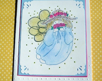 Cute Whimsical Angel Blank Note Card, Handmade Embossed Elegant Fairy, 3D Shiny Glitter Wings, Rose Bouquet, June Birthday, Pixie Dust