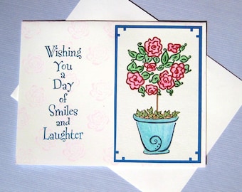 Hand Made Rose Topiary Thinking of You Card, Unique Blank Note, June Birth Flower, Cheerful  Birthday Wishes, Retirement Smiles and Laughter