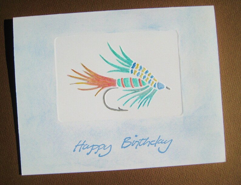 Father's Day Fly Fishing Card, Hand Stamped Tied Fly, Unique Fisherman Happy Birthday, Angler Fishing Woman, Retirement, Anniversary image 1