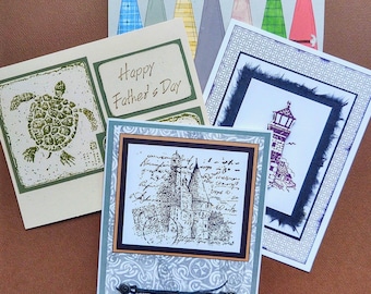 Hand Stamped Embossed Cards, Turtle Fossil Birthday, Medieval Castle , Father's Day Dress Ties with Hammer Tie Tack, Lighthouse Retirement