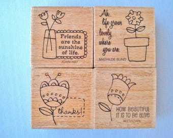 Unique Inspirational Quotes Rubber Stamp Set of 4, New Wood Mounted, Positive Thoughts Text, Retro Flowers, 70s Power, Hippie, Beethoven