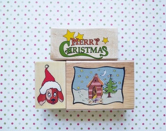 Dog Lovers Christmas Rubber Stamp Set, Puppy with Santa Hat, Doghouse Christmas Tree, Merry Christmas Stars, New Wood Mounted Holiday Stamps