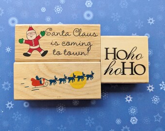 Large Santa Clause Rubber Stamp Set, Santa is Coming to Town, Sleigh with Reindeer,  Ho Ho Ho,  New Wood Mounted, DIY Card Making Crafts