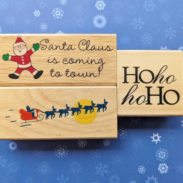 Large Santa Clause Rubber Stamp Set, Santa is Coming to Town, Sleigh with Reindeer,  Ho Ho Ho,  New Wood Mounted, DIY Card Making Crafts