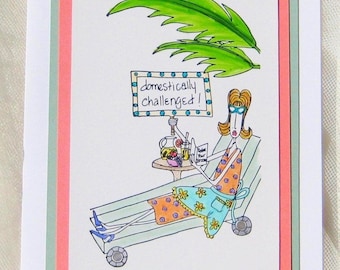 Funny Retro Woman Hand Made Birthday Card, Embossed Retirement Humor, Summer Vacation, Get Well Recovery Wish,  Domestically Challenged