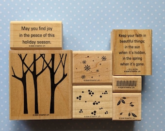 Trees Three Stampin' Up Rubber Stamp Set, Wood Mounted Retired in case, Keep Your Faith, Tree Silhouette, Find Joy, Leaves, Snow, Grass