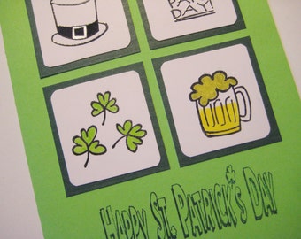 Happy Saint Patrick's Day Hand Made Card, St. Pat's Day Pot of Gold, Irish Green Shamrocks, Leprechaun Hat, Beer Stein, March Holiday