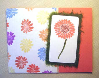 Retro Hand Stamped All Occasion Blank Card, Special Friend Happy Birthday Bright Colors, Cheerful Get Well Flower Daisies, Mulberry Paper
