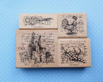 Provencal Super Rare Stampin Up Wood Mounted Retired Stamp Set in original case, French Country Medieval Castle, Rooster, Grapes, Sunflowers