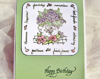 Hand Made Embossed Birthday Card, Forever Best Friend Sharing Memories, Watercolor Violets and Lilies, Happy Friendship Words