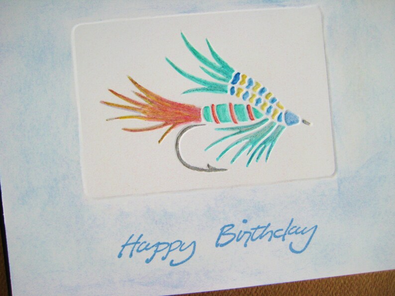 Father's Day Fly Fishing Card, Hand Stamped Tied Fly, Unique Fisherman Happy Birthday, Angler Fishing Woman, Retirement, Anniversary image 2