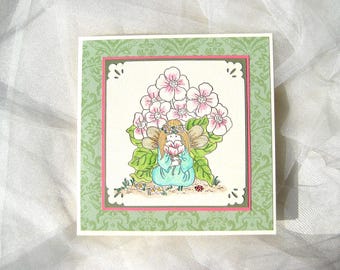 Hand Made Garden Fairy Card, Beautiful Watercolor Frameable, Mystical Dimensional Wings, Angel with Flowers, Special Best Friend Birthday