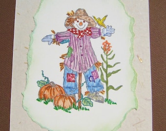 Autumn Scarecrow in Pumpkin Patch Card, Hand Stamped Blank Card, Classic Fall Colors, Frameable Decor, Celebrate Thanksgiving, Halloween