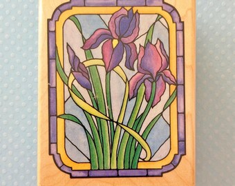 Stained Glass Iris Rubber Stamp, February Birth Month Botanical Flower, Garden Journal, Rubber Stampede, New Wood Mounted